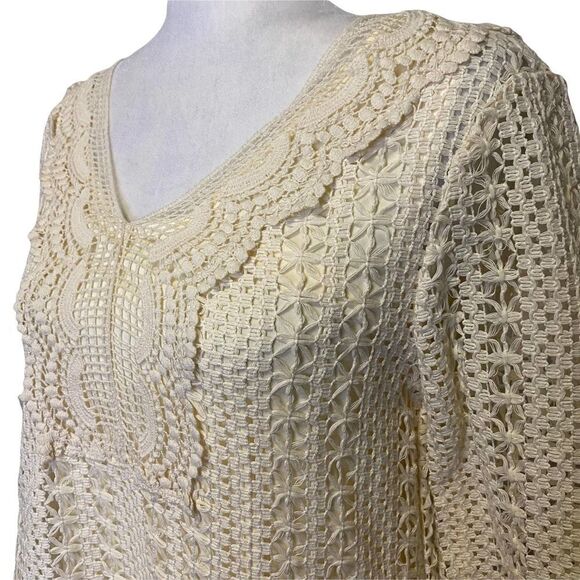 𝅺entro Dress‎ Boho Cream Ivory Crotched Knit Beachy Long Sleeve Size M - Picture 5 of 10